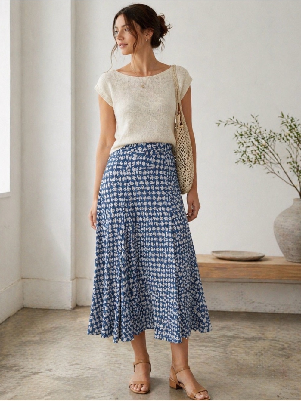 Vintage 90s Herman Geist Blue Sailor Hat Print Midi Skirt 8 Coastal Cottagecore